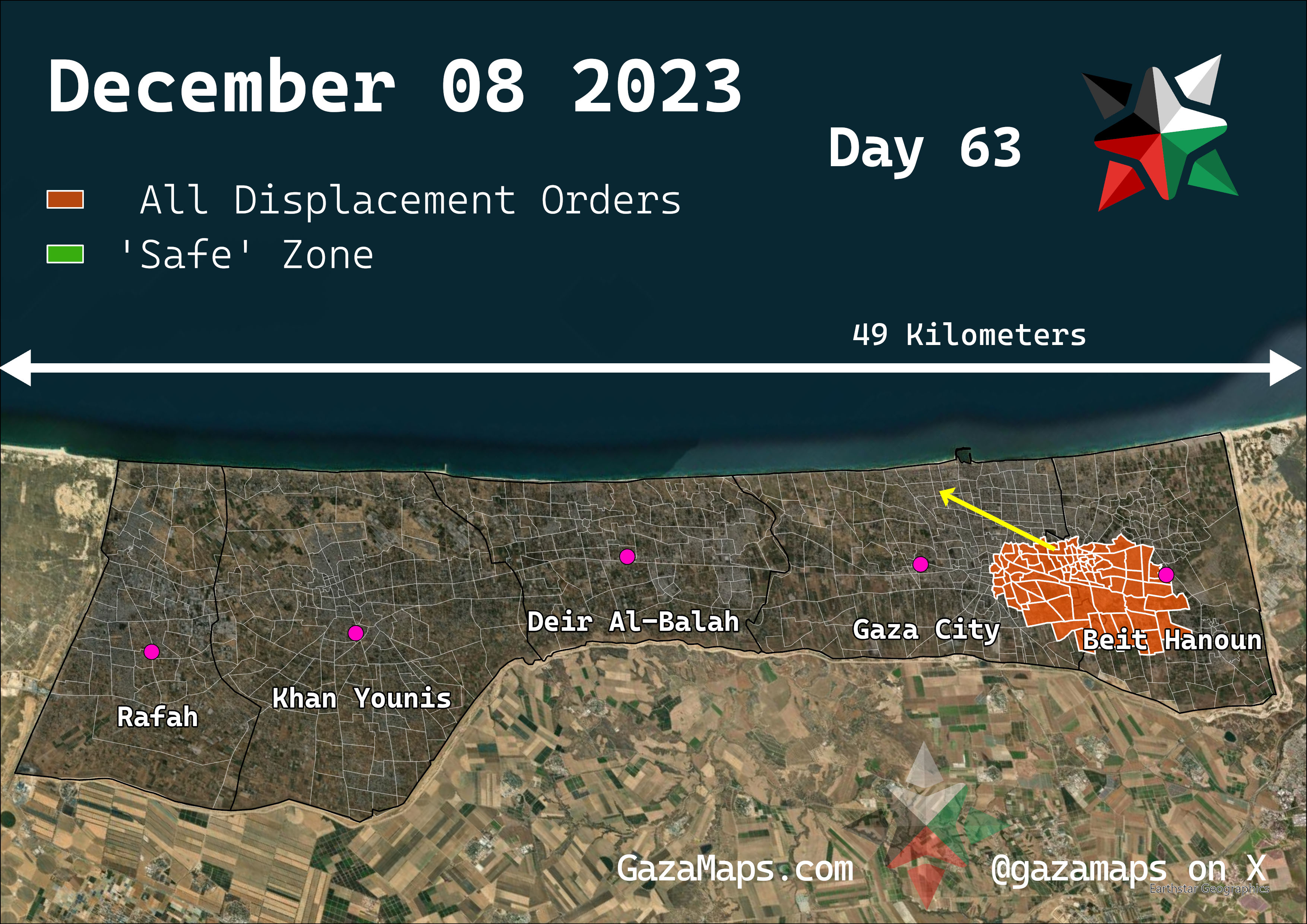 GazaMaps original map, based on IDF displacement order from 08 December 2023
