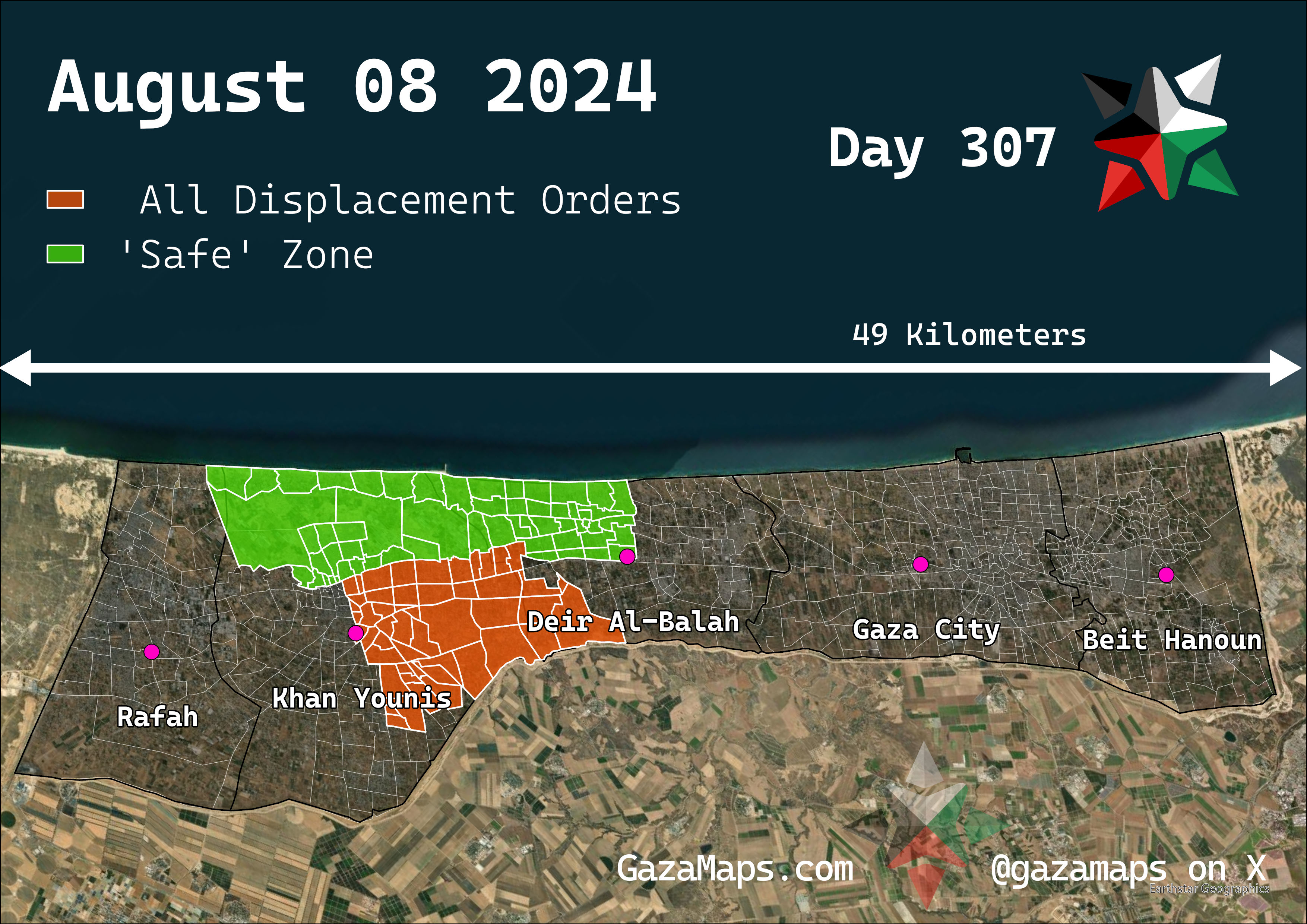 GazaMaps original map, based on IDF displacement order from 08 August 2024