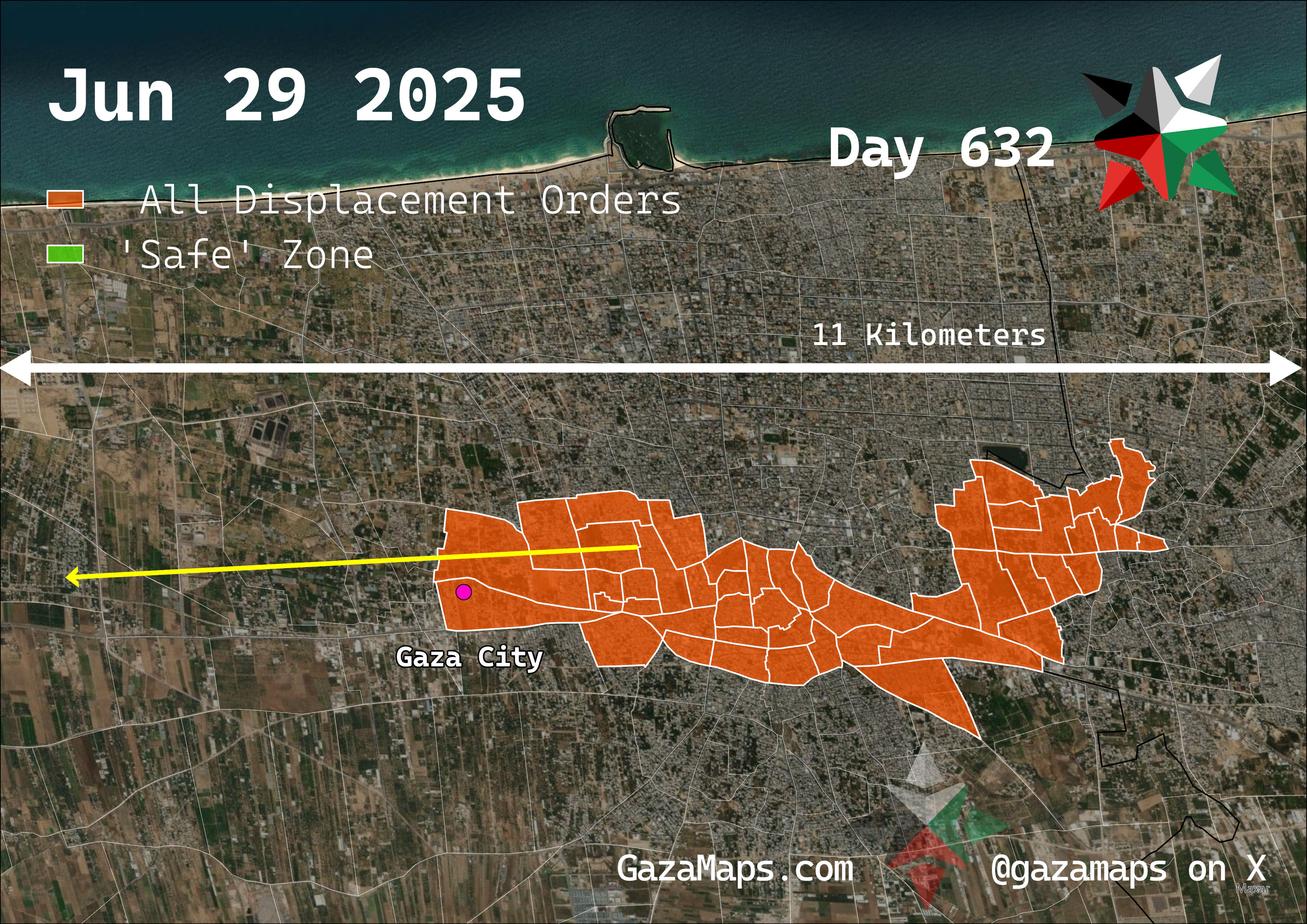 GazaMaps original map, based on IDF displacement order from 29 June 2025
