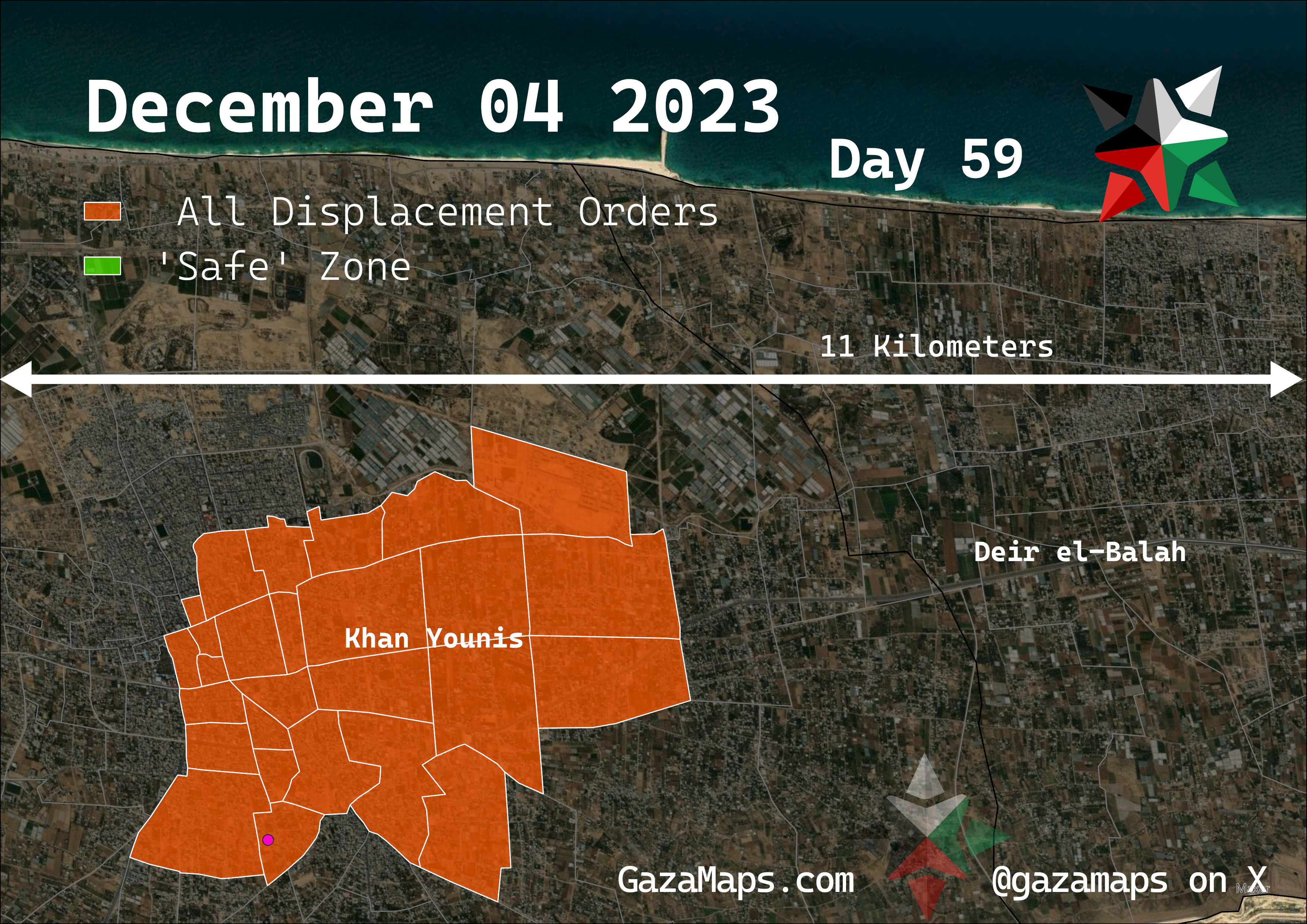 GazaMaps original map, based on IDF displacement order from 04 December 2023