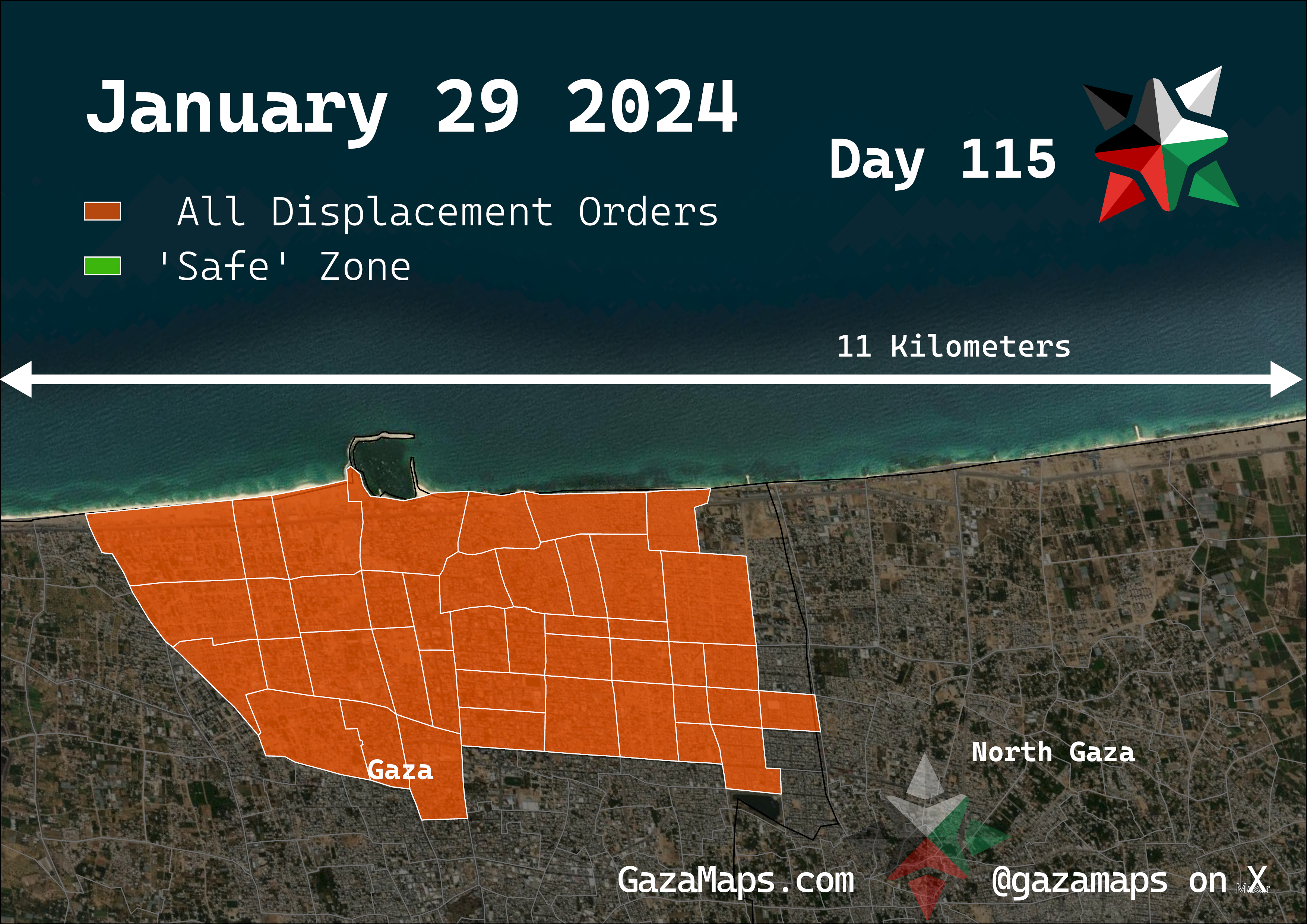 GazaMaps original map, based on IDF displacement order from 29 January 2024