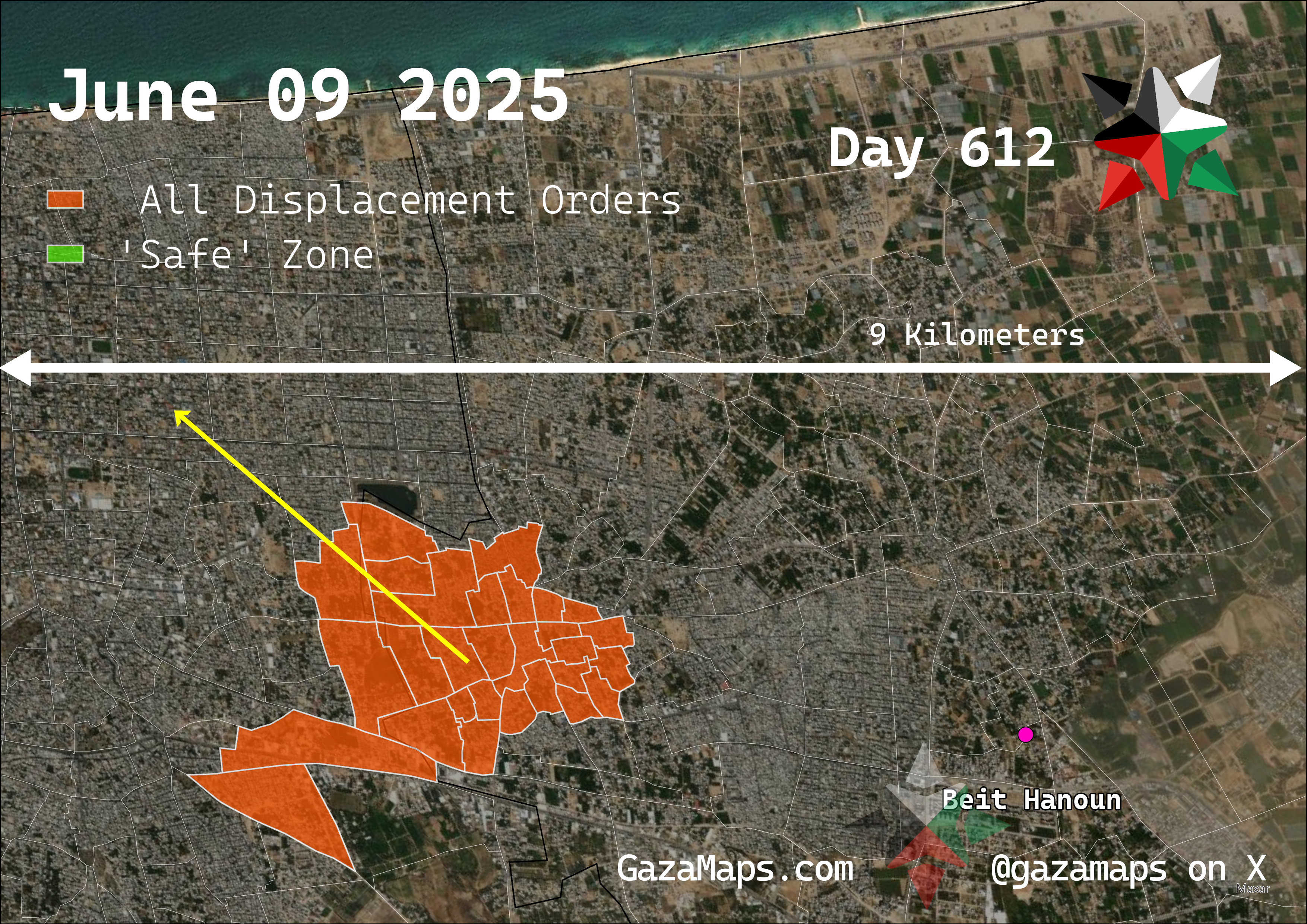 GazaMaps original map, based on IDF displacement order from 09 June 2025
