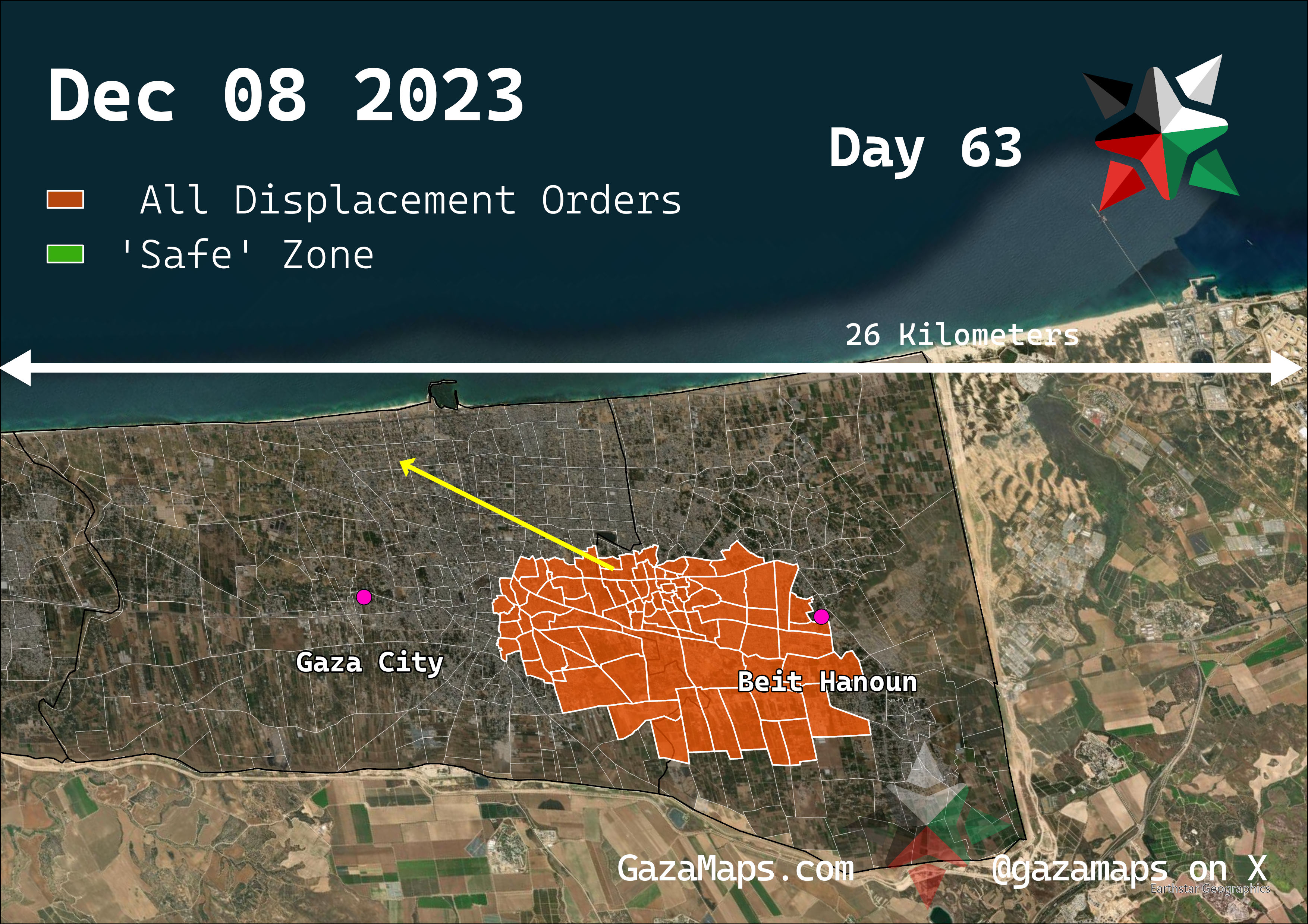 GazaMaps original map, based on IDF displacement order from 08 December 2023