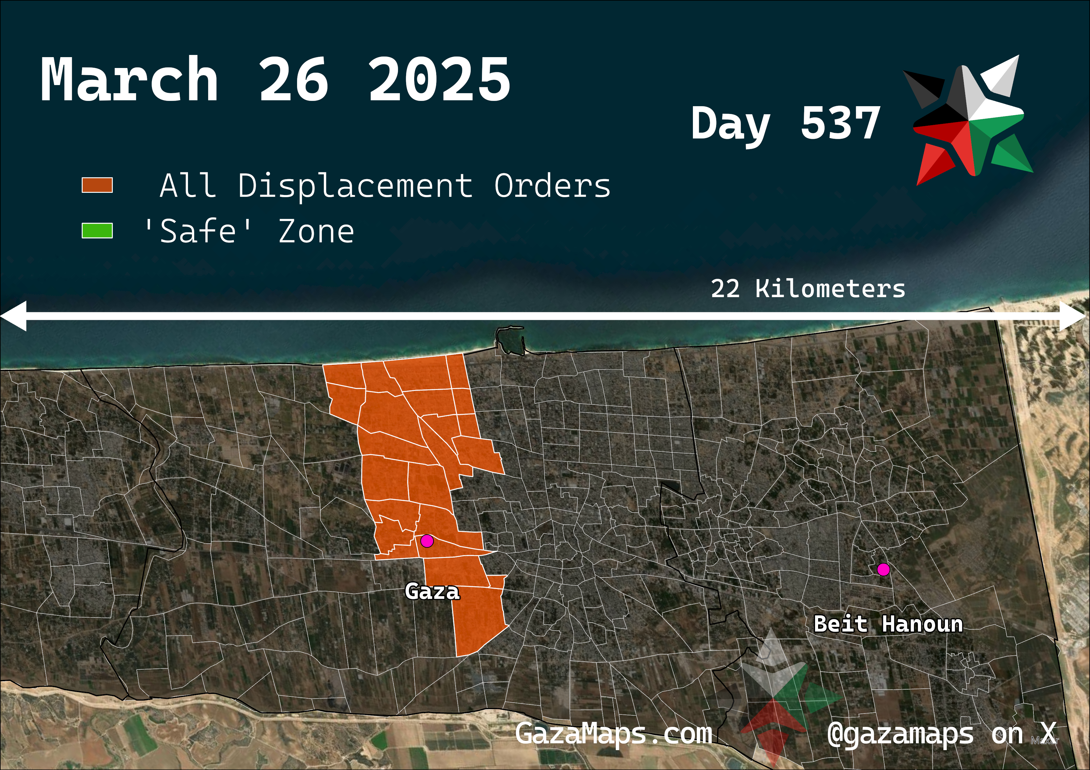 GazaMaps original map, based on IDF displacement order from 26 March 2025